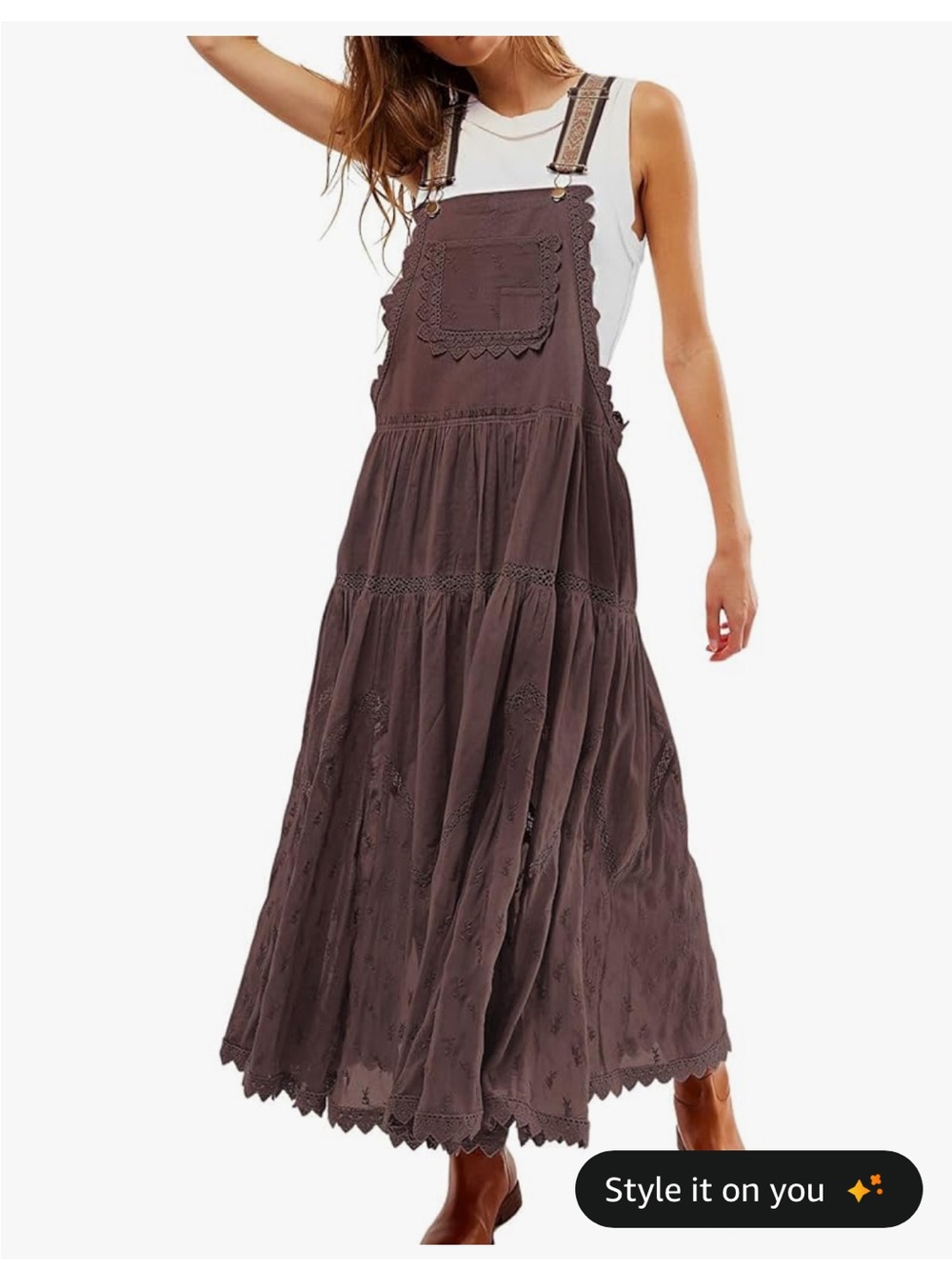 Women’s casual lace embroidered maxi dress adjustable strap pleated tiered dress
